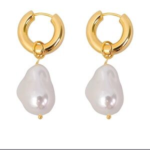 Gold and White Pearl Hoop Earrings